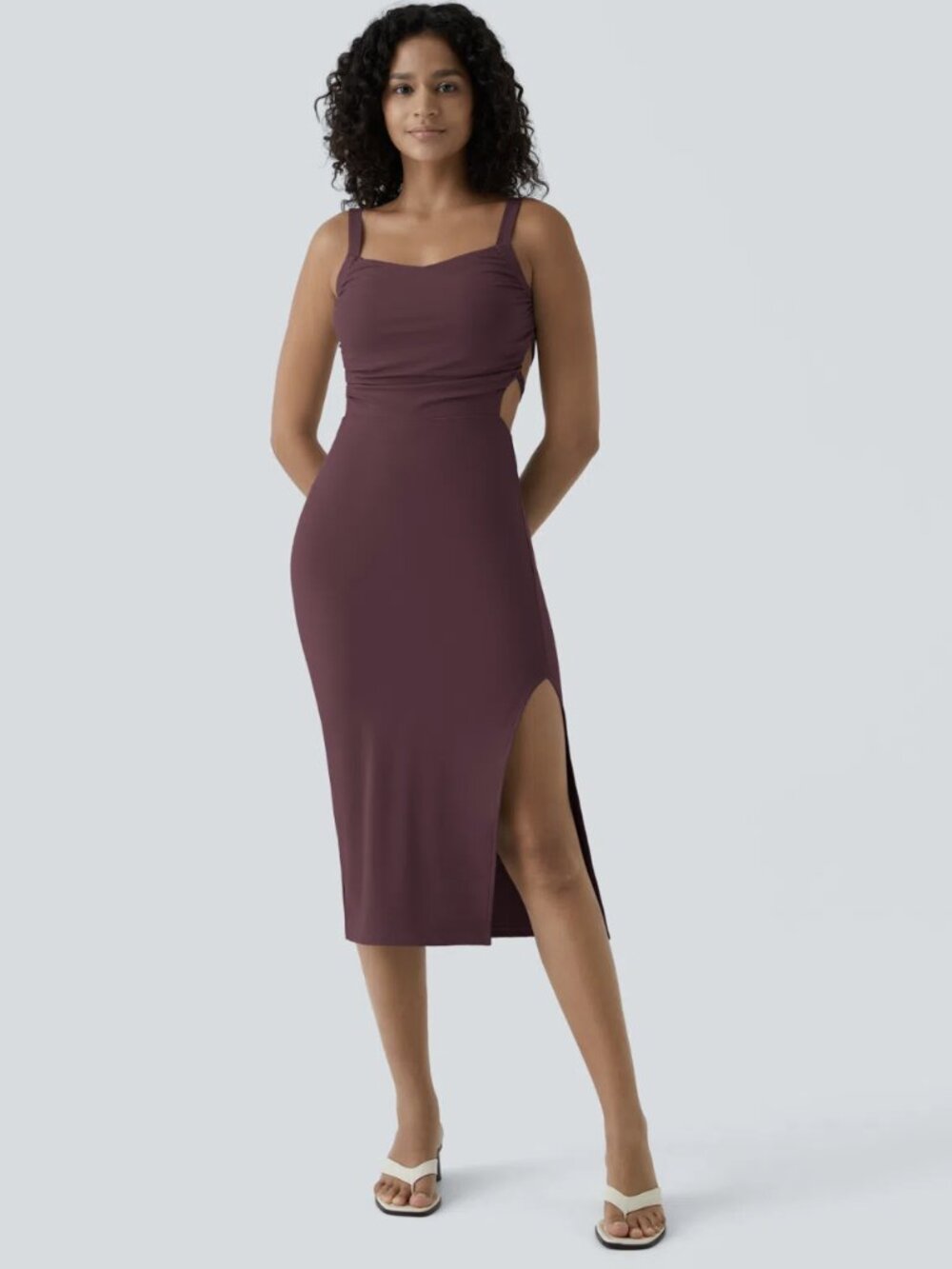 Ruched Lace Up Bodycon Midi Casual Dress